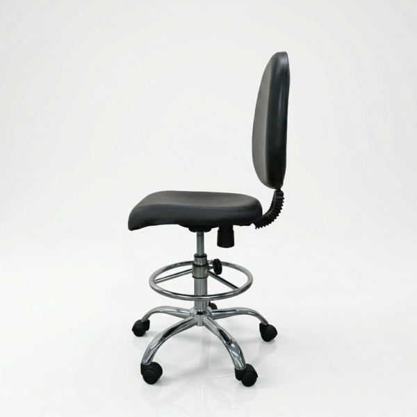 Close-up of heavy-duty chrome base with circular footrest and nylon caster wheels.