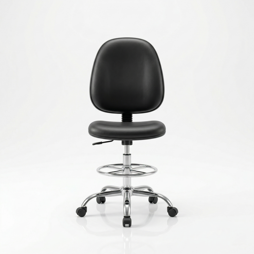 Side view of ergonomic drafting chair showing lumbar support curve and Samhongsa gas lift.
