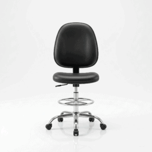 Side view of ergonomic drafting chair showing lumbar support curve and Samhongsa gas lift.