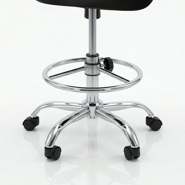 ErgoRise Pro revolving laboratory stool with black molded foam seat and chrome base.
