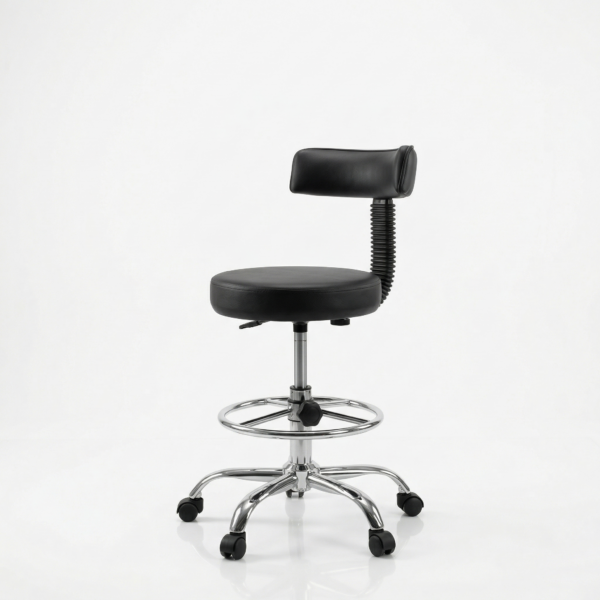 Close-up of the cushioned ergonomic backrest on a LabMaster professional medical stool.