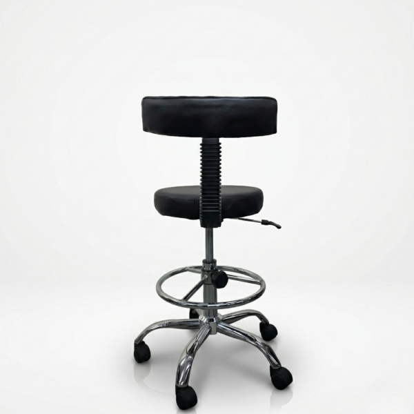 LabMaster ergonomic revolving laboratory stool with contoured back support, chrome base, and circular footrest