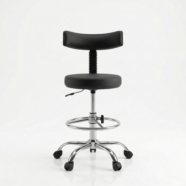 Close-up of heavy-duty under-seat mechanism and backrest attachment on LabMaster revolving stool