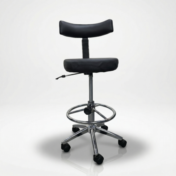 LabMasterPro Back Support Revolving Laboratory Stool | Height Adjustable | Chrome Base with Footrest | Custom Size & Colour | 3 Years Warranty 9 A doctor using the LabMaster back support stool at a high-top medical workstation.