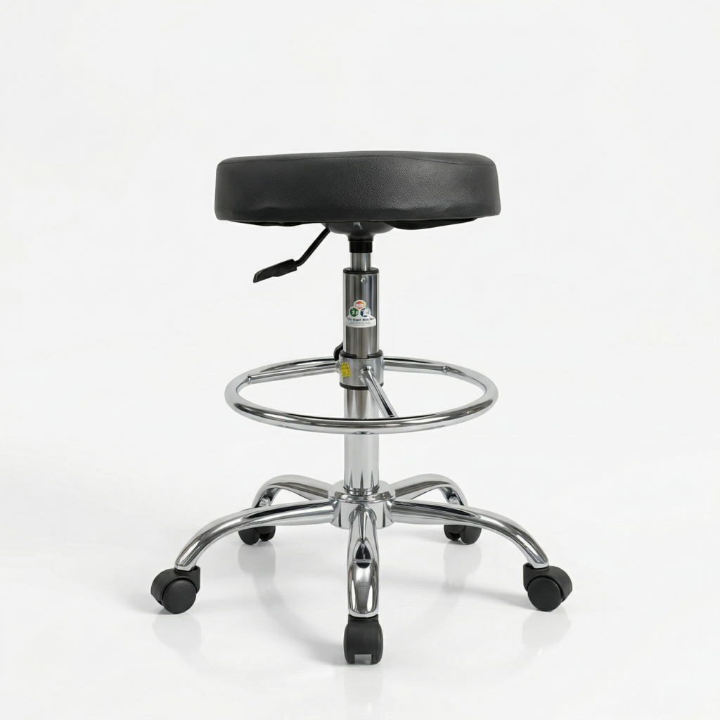 Reinforced chrome circular footrest and 5-star base of a professional lab stool