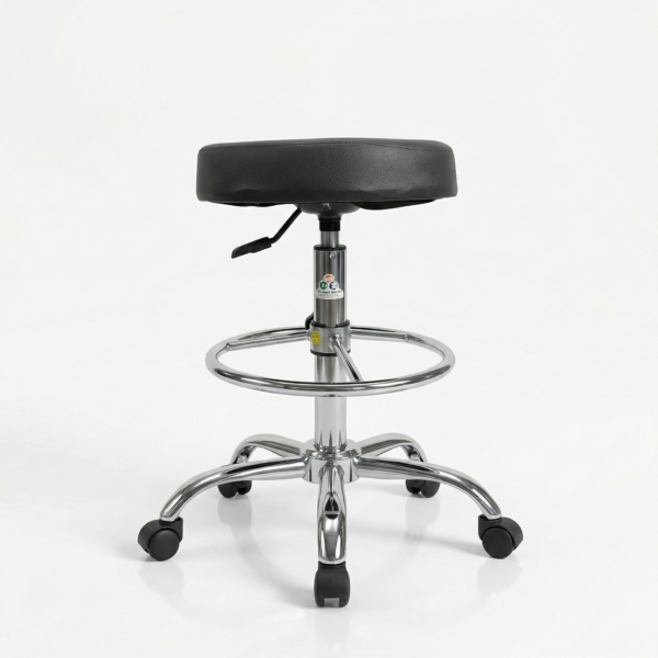 Reinforced chrome circular footrest and 5-star base of a professional lab stool