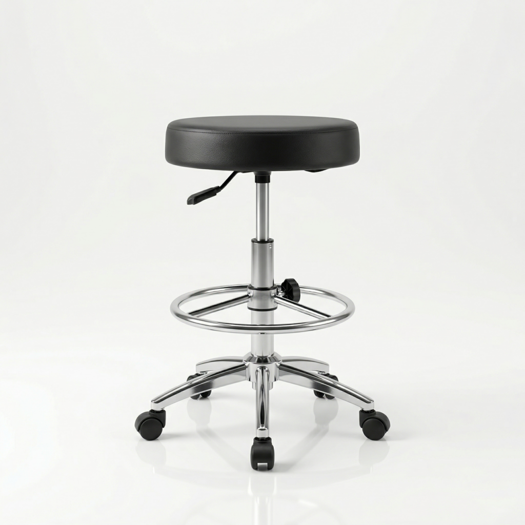 lose up of chemical-resistant upholstery on a lab stool with a 3-year warranty badge.