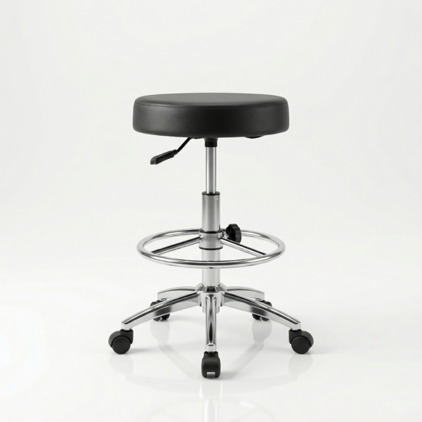 lose up of chemical-resistant upholstery on a lab stool with a 3-year warranty badge.