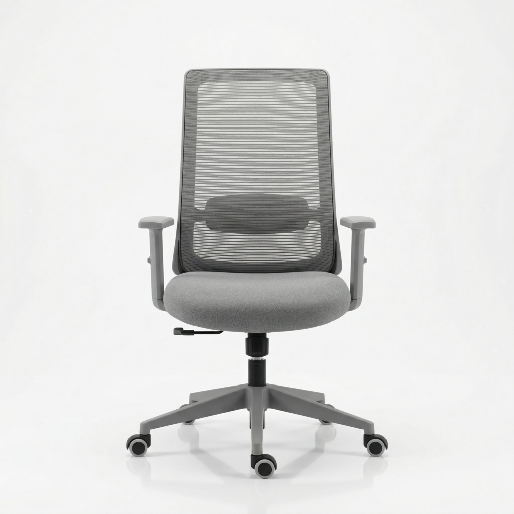 Front view of the EliteMesh Pro mid-back ergonomic office chair featuring a premium grey frame, customizable seat fabric, and breathable mesh back