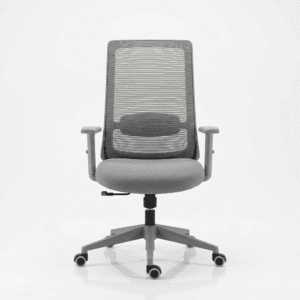 Front view of the EliteMesh Pro mid-back ergonomic office chair featuring a premium grey frame, customizable seat fabric, and breathable mesh back
