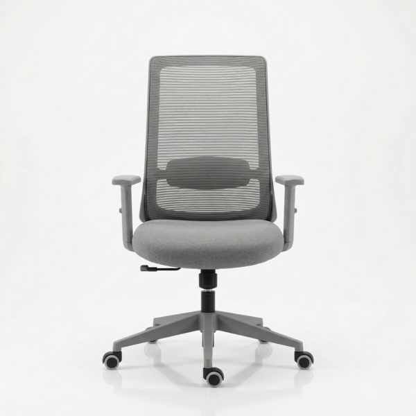 Front view of the EliteMesh Pro mid-back ergonomic office chair featuring a premium grey frame, customizable seat fabric, and breathable mesh back