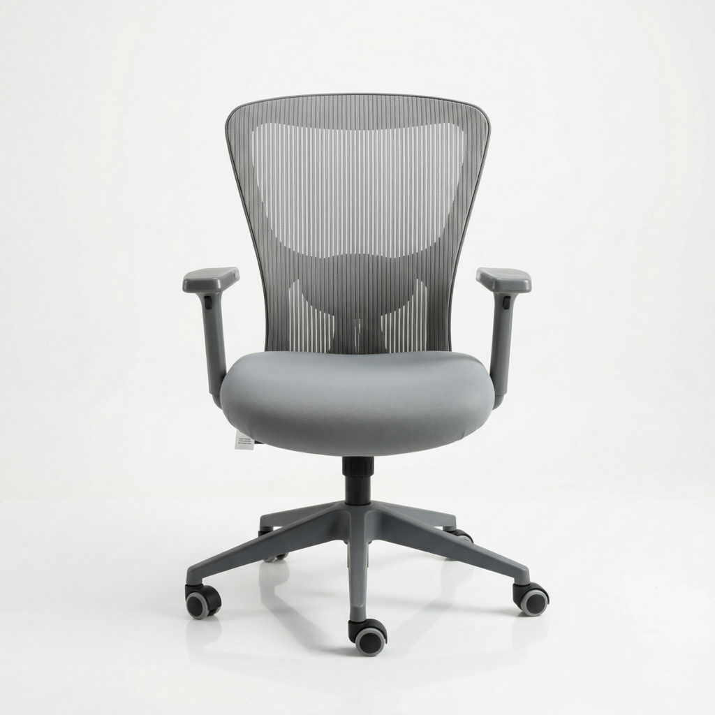 Front view of The Chair House Jazz MB ergonomic office chair in premium grey fabric with nylon base and 2D adjustable armrests