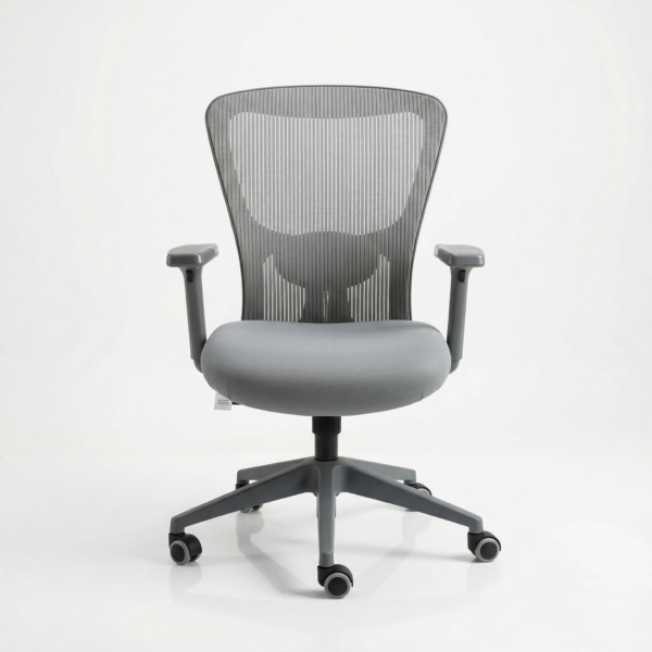 Front view of The Chair House Jazz MB ergonomic office chair in premium grey fabric with nylon base and 2D adjustable armrests