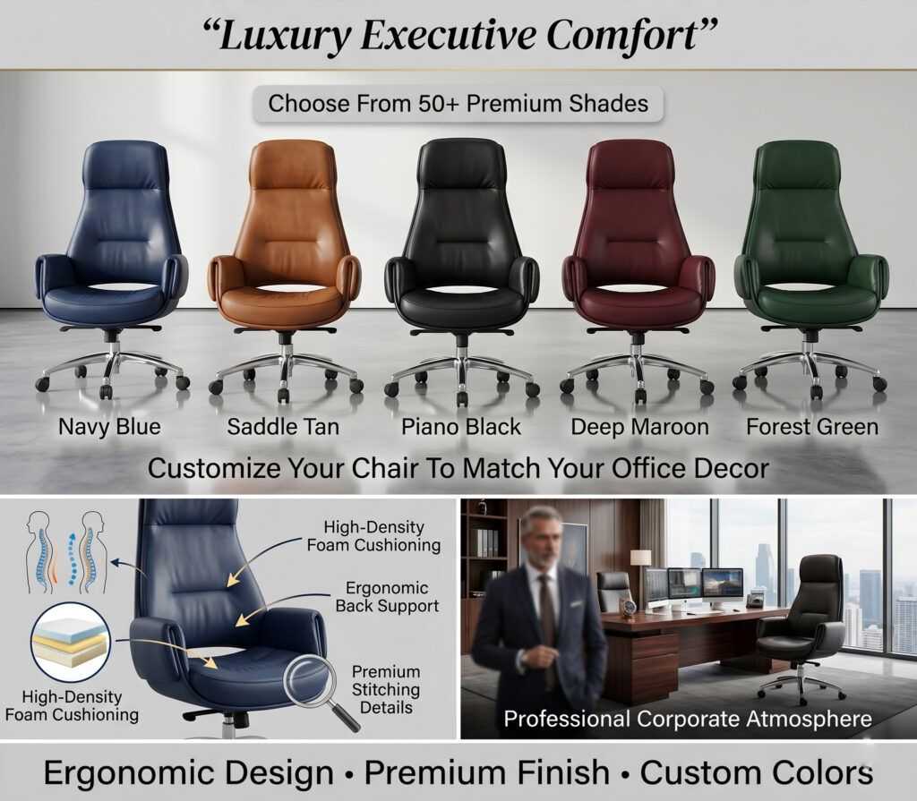 Velmora Elite Executive Office Chair - High-Density Foam, Class 4 Hydraulic, Multi-Position Lock & Premium Synthetic Leather - Beige (5-Year Warranty) 11 Aerion ergonomic executive chairs shown in custom colors Navy Blue, Saddle Tan, Piano Black, Deep Maroon, and Forest Green. Infographic highlights high-density foam cushioning, ergonomic back support, and premium stitching for professional offices.