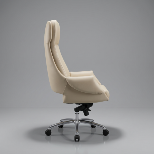 Side profile of executive chair showing ergonomic S-curve plywood backrest