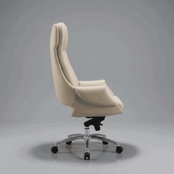Velmora Elite Executive Office Chair - High-Density Foam, Class 4 Hydraulic, Multi-Position Lock & Premium Synthetic Leather - Beige (5-Year Warranty) 8 Side profile of executive chair showing ergonomic S-curve plywood backrest