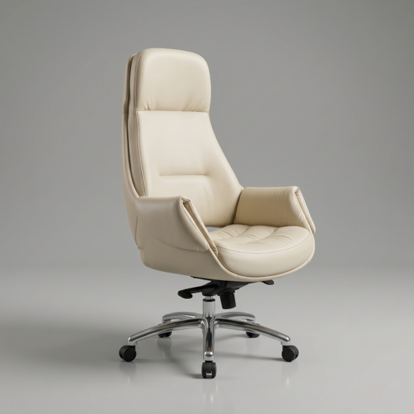 Luxury beige boss chair behind a modern wooden office desk