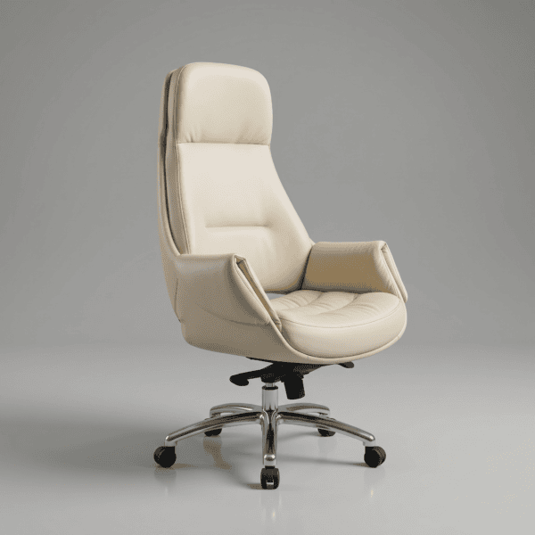 Velmora Elite Executive Office Chair - High-Density Foam, Class 4 Hydraulic, Multi-Position Lock & Premium Synthetic Leather - Beige (5-Year Warranty) 7 Luxury beige boss chair behind a modern wooden office desk