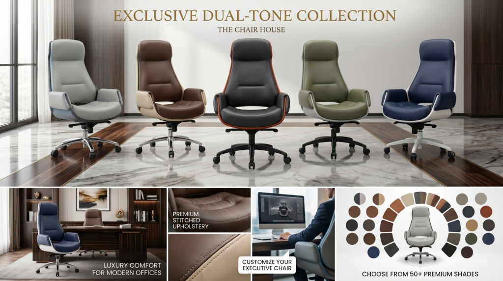 Velmora Elite Executive Office Chair – High-Density Foam, Multi-Position Lock & Premium Synthetic Leather – Dual-Tone Light & Dark Grey (5-Year Warranty) 9 The Chair House exclusive dual-tone collection of high-back executive office chairs. Infographic displaying five custom leather color combinations, premium stitched upholstery close-ups, luxury modern office lifestyle shots, and 50 plus premium shade swatches.