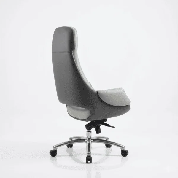 Velmora Elite Executive Office Chair – High-Density Foam, Multi-Position Lock & Premium Synthetic Leather – Dual-Tone Light & Dark Grey (5-Year Warranty) 7 Close-up of the premium dual-tone grey synthetic leather and 50D high-density foam stitching on the Velmora Elite chair.