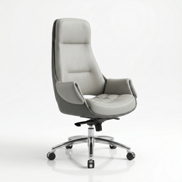 Side profile of the Velmora Elite ergonomic office chair showing the bent plywood S-curve backrest and dual-tone grey finish.
