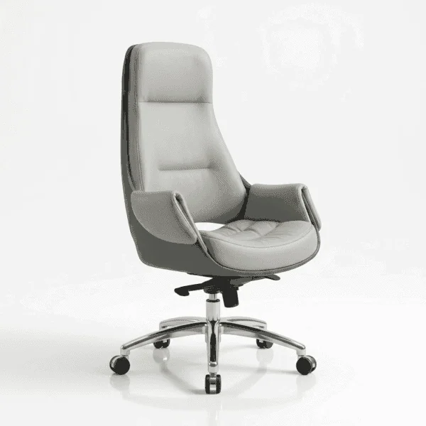 Velmora Elite Executive Office Chair – High-Density Foam, Multi-Position Lock & Premium Synthetic Leather – Dual-Tone Light & Dark Grey (5-Year Warranty) 6 Side profile of the Velmora Elite ergonomic office chair showing the bent plywood S-curve backrest and dual-tone grey finish.