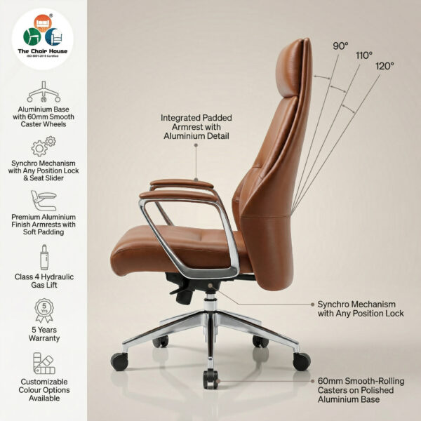 Veritas Executive High Back Office Chair – Premium Ergonomic Leather Finish | Custom Colours Available | 5-Year Warranty 9 Polished Aluminium Five-Star Base with Heavy-Duty Twin Wheel P.U. Castors.