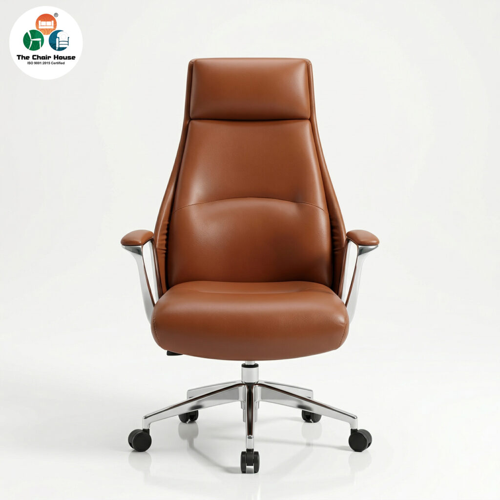 Veritas Executive High Back Chair in Tan Brown Leather with Polished Aluminium Base.