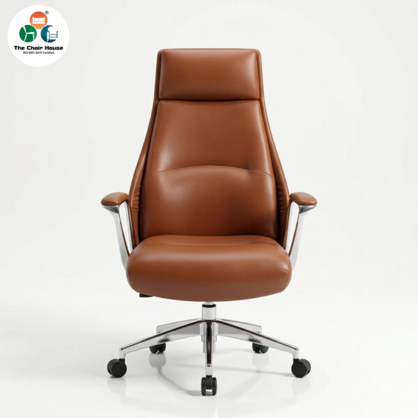 Veritas Executive High Back Office Chair – Premium Ergonomic Leather Finish | Custom Colours Available | 5-Year Warranty 6 Veritas Executive High Back Chair in Tan Brown Leather with Polished Aluminium Base.