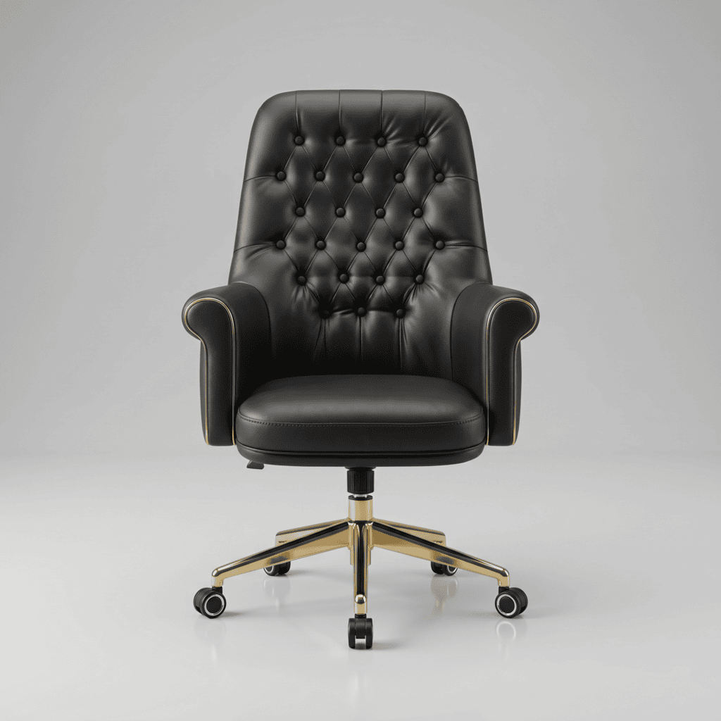 Luxurious black leather executive office chair with tufted backrest and gold accents.