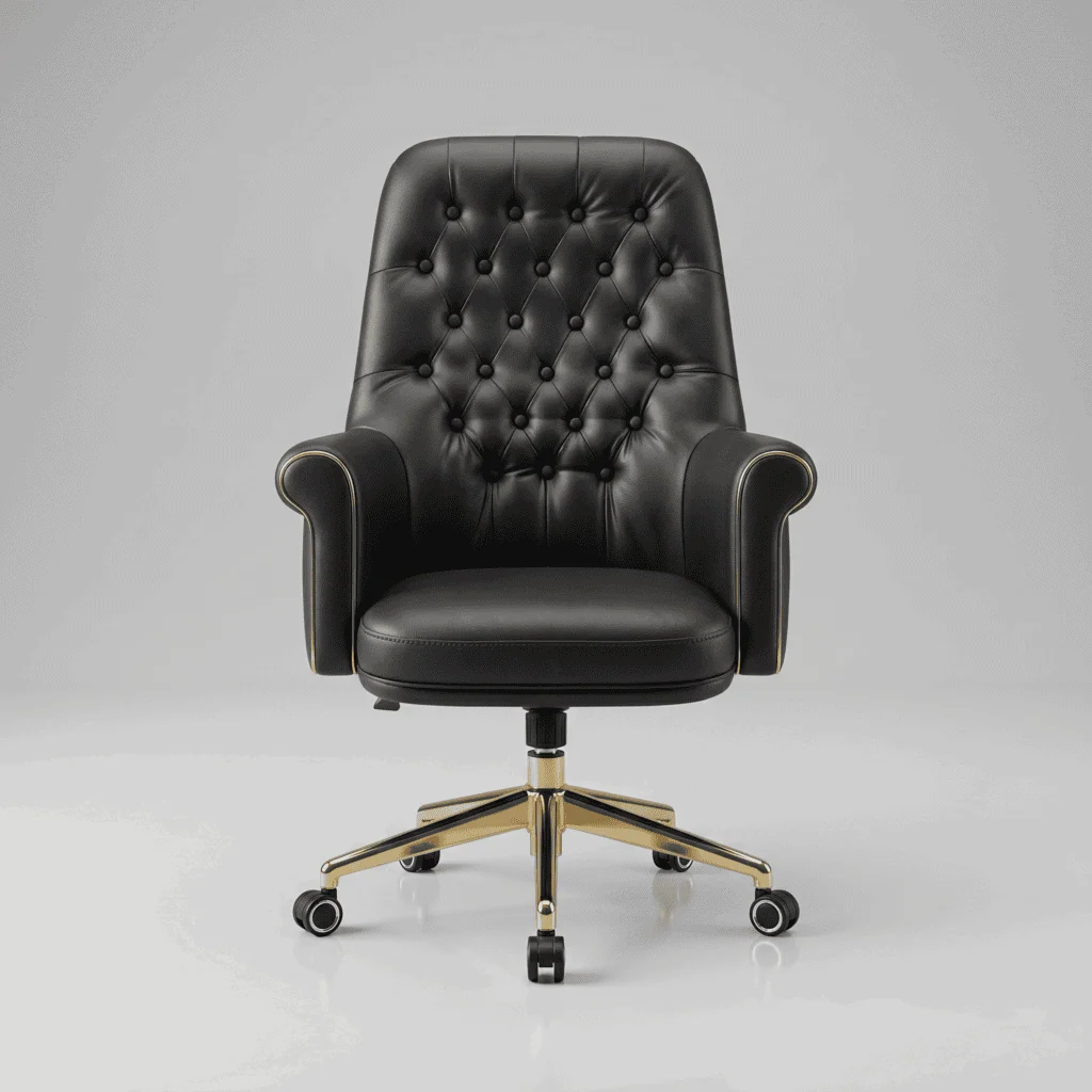 Luxurious black leather executive office chair with tufted backrest and gold accents.