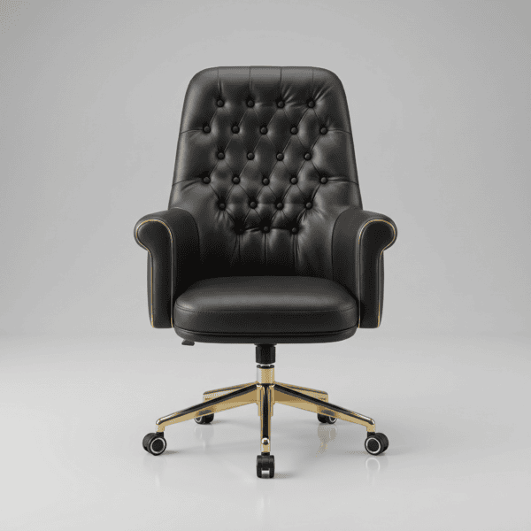 DECOTA High Back Luxury Executive Office Chair | Tufted Leather Desk Chair with High-Density Foam | Custom Colors & 5-Year Warranty 5 Luxurious black leather executive office chair with tufted backrest and gold accents.