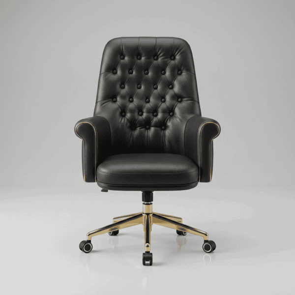 DECOTA High Back Luxury Executive Office Chair | Tufted Leather Desk Chair with High-Density Foam | Custom Colors & 5-Year Warranty 5 Luxurious black leather executive office chair with tufted backrest and gold accents.