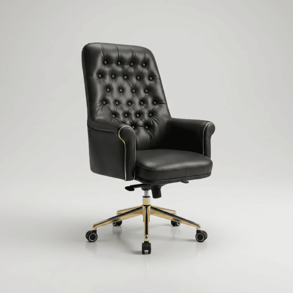 DECOTA High Back Luxury Executive Office Chair | Tufted Leather Desk Chair with High-Density Foam | Custom Colors & 5-Year Warranty 6 Elegant black leather office chair with tufted backrest and gold accents, perfect for executive work.