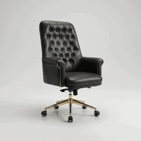 DECOTA High Back Luxury Executive Office Chair | Tufted Leather Desk Chair with High-Density Foam | Custom Colors & 5-Year Warranty 6 Elegant black leather office chair with tufted backrest and gold accents, perfect for executive work.