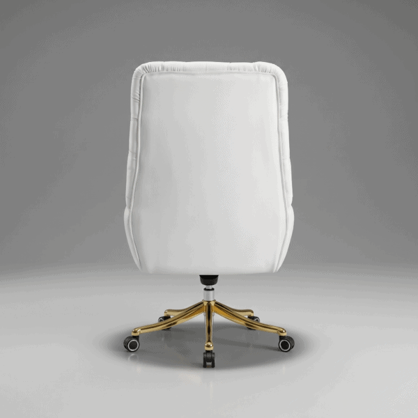 LEGACY High-Back Luxury Executive Chair High-Density Ergonomic Foam Custom Color Bespoke Series 5-Year Warranty 9 A wide photograph of the flawless Arctic White LEGACY executive chair with gold base, perfectly positioned at a teak desk in a high-rise Mumbai office with sea view.