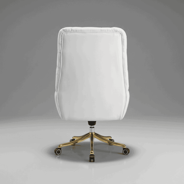 LEGACY High-Back Luxury Executive Chair High-Density Ergonomic Foam Custom Color Bespoke Series 5-Year Warranty 9 A wide photograph of the flawless Arctic White LEGACY executive chair with gold base, perfectly positioned at a teak desk in a high-rise Mumbai office with sea view.