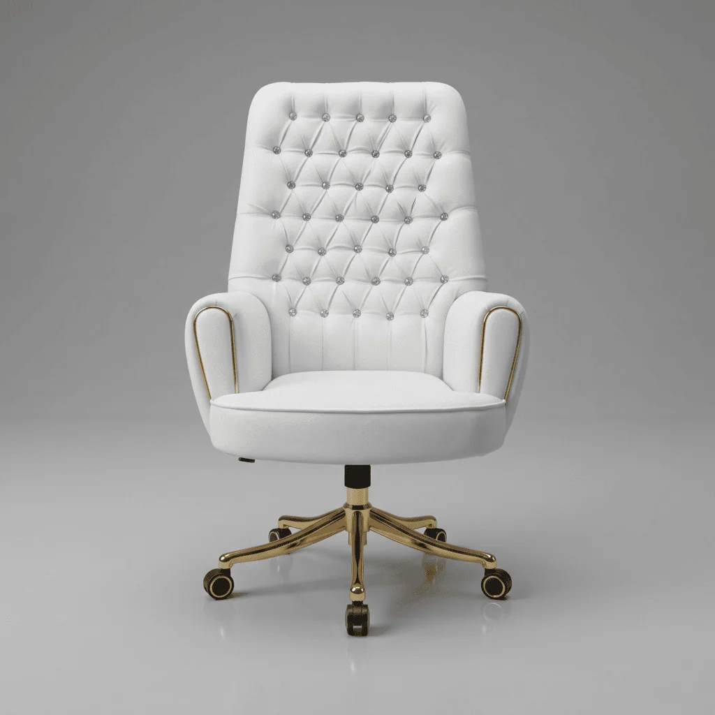 Two customizable high-back office chairs: One in Royal Navy Blue leather with silver base, the other in Midnight Black with matte black base, side-by-side.