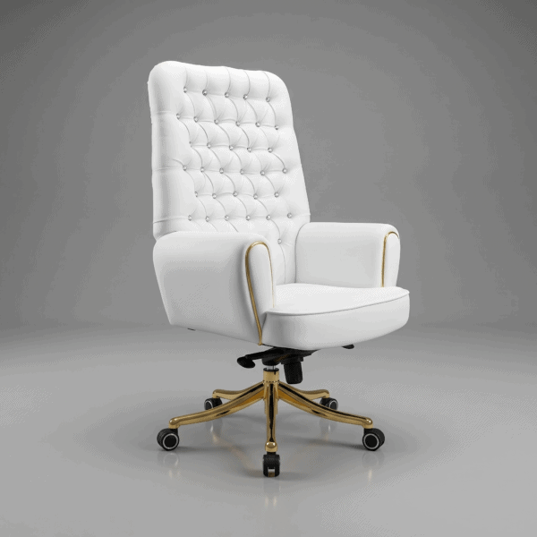LEGACY High-Back Luxury Executive Chair High-Density Ergonomic Foam Custom Color Bespoke Series 5-Year Warranty 7 A high-back luxury executive chair with Arctic White diamond tufted leather and polished 24K gold-plated base, set in a modern office.