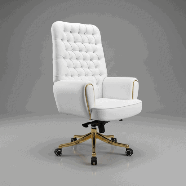 LEGACY High-Back Luxury Executive Chair High-Density Ergonomic Foam Custom Color Bespoke Series 5-Year Warranty 7 A high-back luxury executive chair with Arctic White diamond tufted leather and polished 24K gold-plated base, set in a modern office.