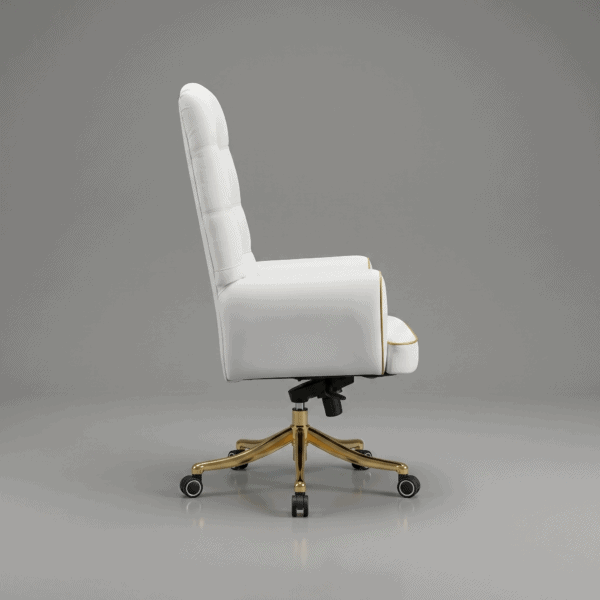 LEGACY High-Back Luxury Executive Chair High-Density Ergonomic Foam Custom Color Bespoke Series 5-Year Warranty 8 A low-angle view showing the robust solid wooden frame construction and any-position locking mechanism handle under the LEGACY chair, featuring a clear 'Made in India' stamp.