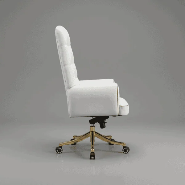 LEGACY High-Back Luxury Executive Chair High-Density Ergonomic Foam Custom Color Bespoke Series 5-Year Warranty 8 A low-angle view showing the robust solid wooden frame construction and any-position locking mechanism handle under the LEGACY chair, featuring a clear 'Made in India' stamp.