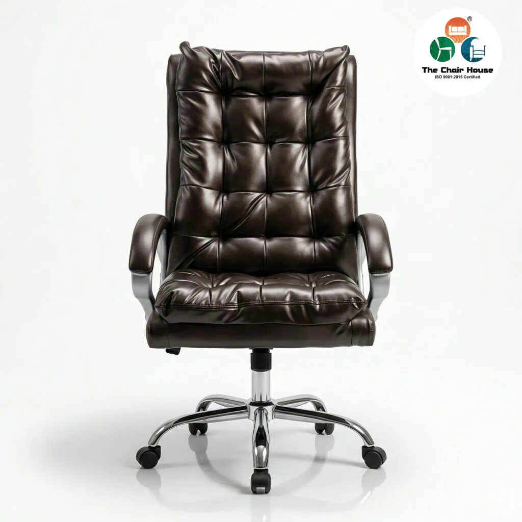 Front view of a plush, deeply tufted brown high back executive office chair on a shiny chrome base.