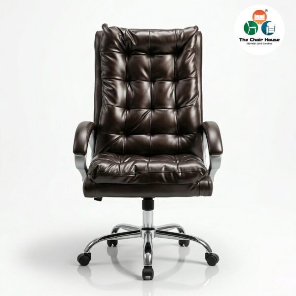 Front view of a plush, deeply tufted brown high back executive office chair on a shiny chrome base.