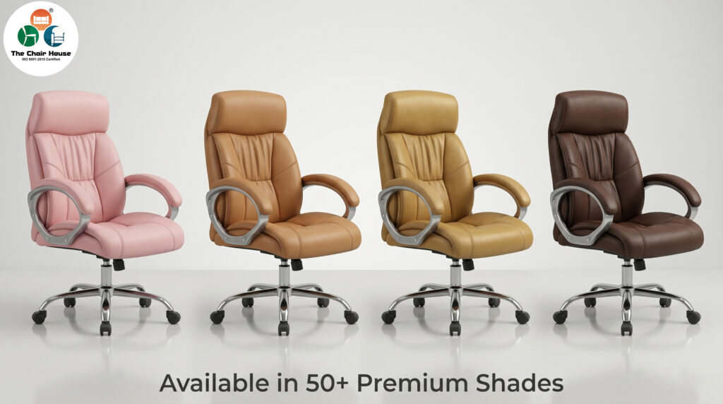 Four ergonomic executive office chairs in pink, tan, mustard, and brown leather, showing premium color options by The Chair House