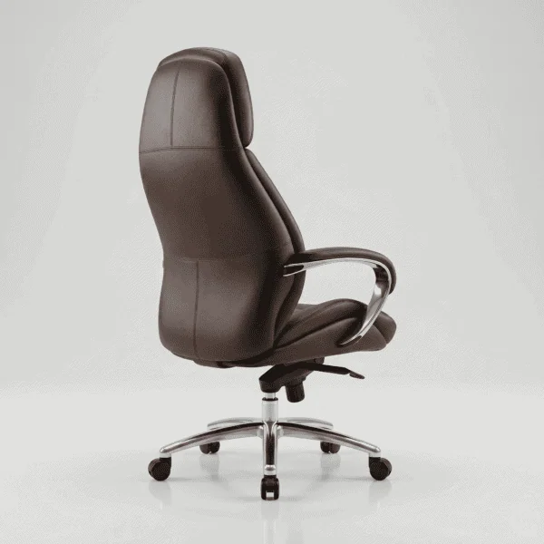Side profile of the LUXORA ergonomic chair showing the high backrest contour for spinal alignment.