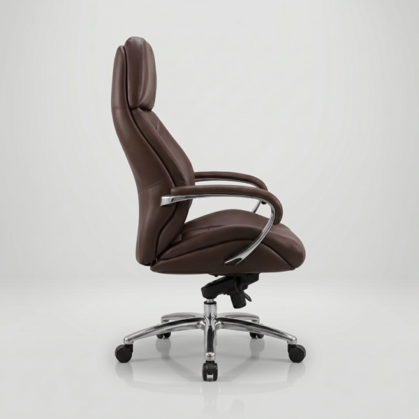 Macro close-up of the premium coffee brown upholstery and high-quality stitching detail on the seat.