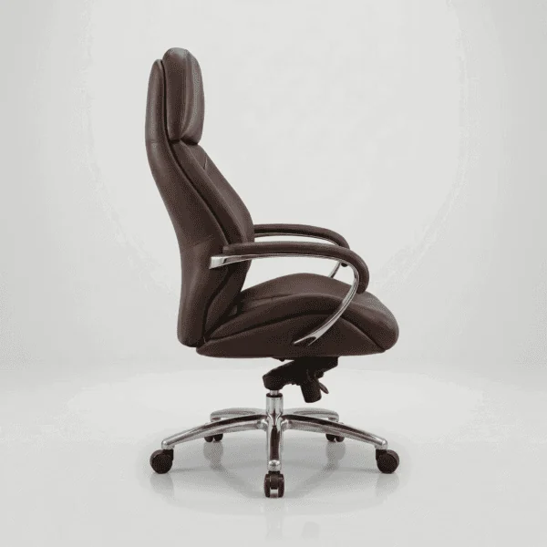 Macro close-up of the premium coffee brown upholstery and high-quality stitching detail on the seat.