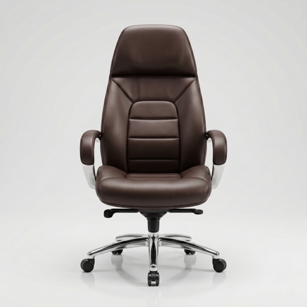 Premium coffee brown boss chair set up behind a wooden desk in a modern home office.