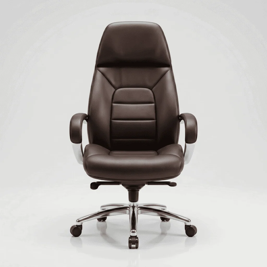 Premium coffee brown boss chair set up behind a wooden desk in a modern home office.